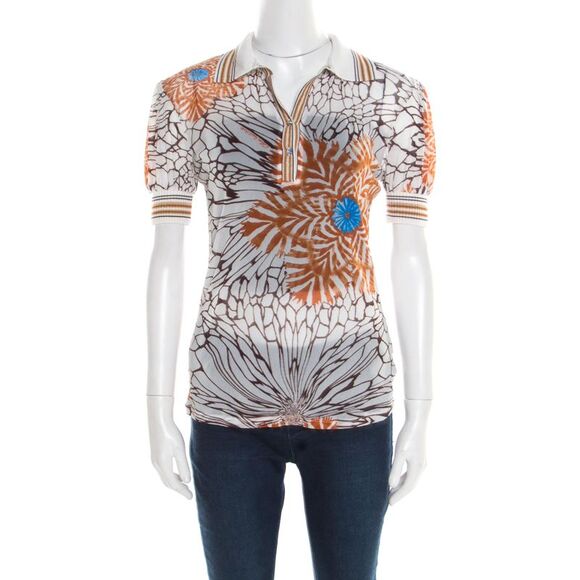 Class by Roberto Cavalli Off White Floral Printed Sheer Ribbed Trim Top M - Picture 1 of 4